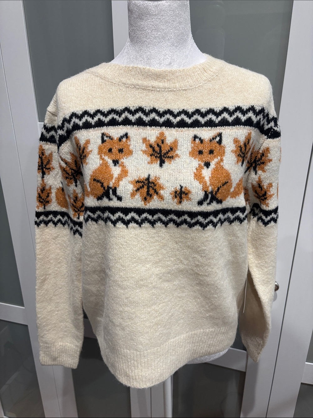 NWT Luna Ivy Cozy Cream Fall Fox Pattern Fair Isle Sweater - S/M